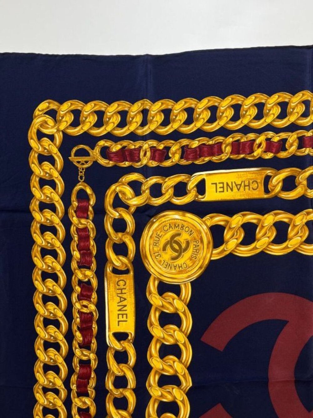 Chanel CC Logo Scarf Silk Gold Navy Vintage - Picture 4 of 11